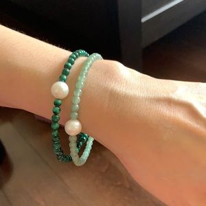 Jade coloured beaded bracelet stacked set